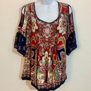 Multi-color Top Red Black Exaggerated Sleeve Large Rayon Cold Shoulder Coquette